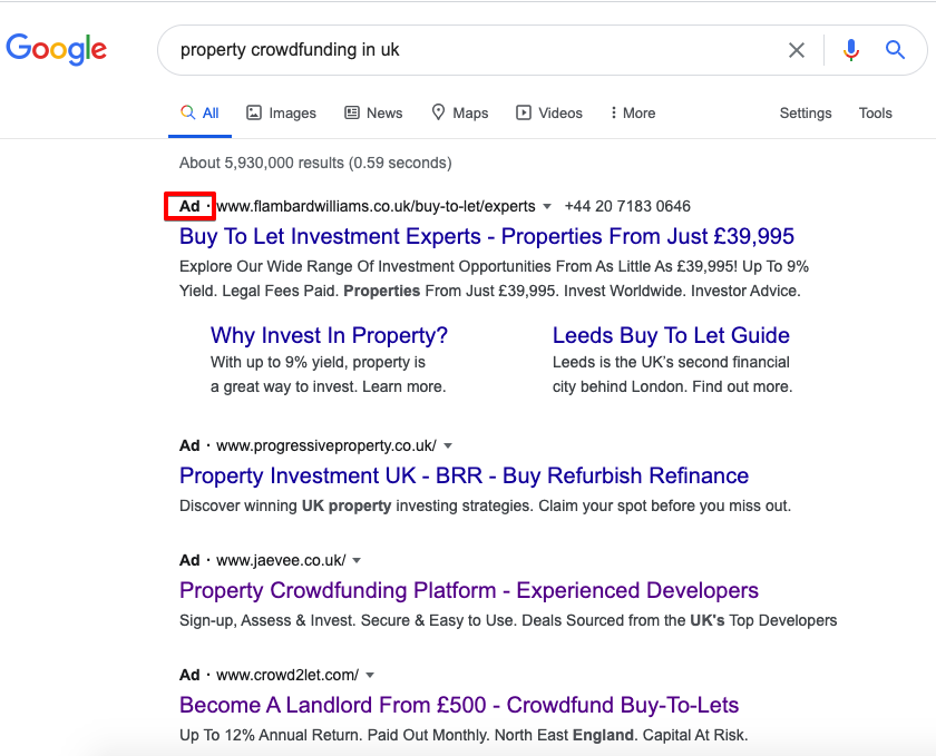 Google query “property crowdfunding in UK”