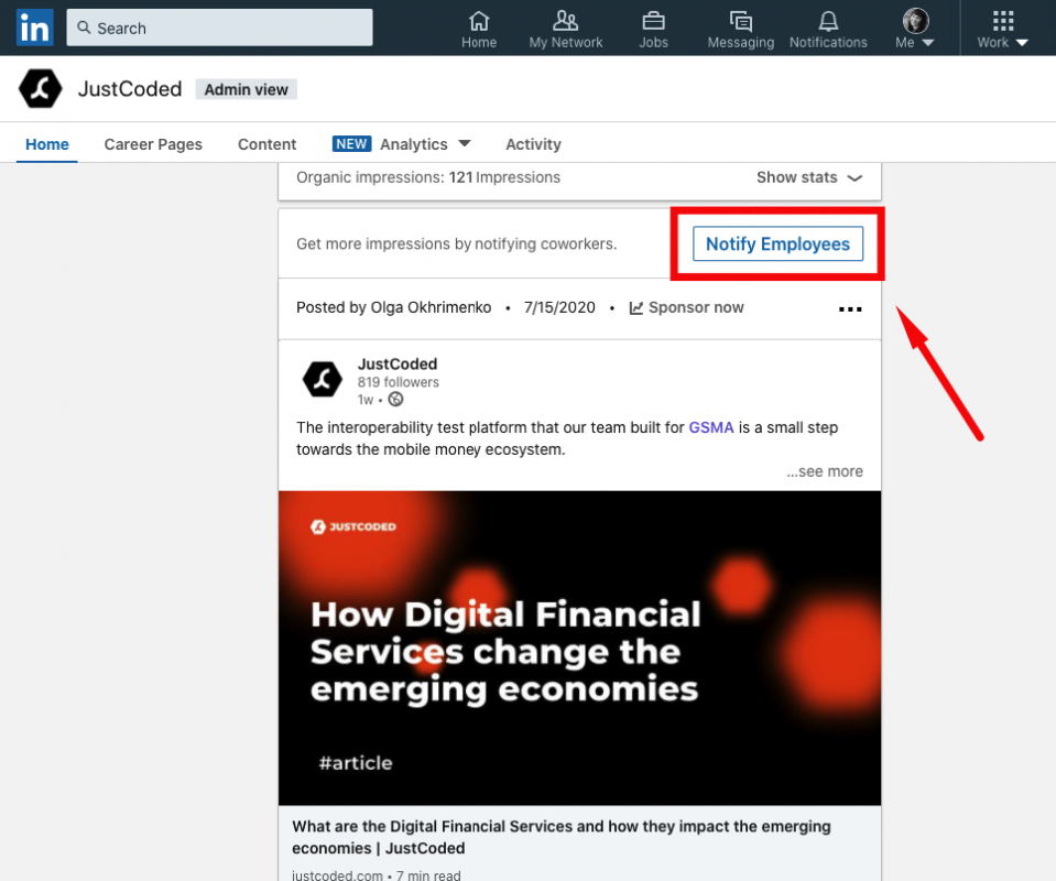 LinkedIn function “notify employees”.